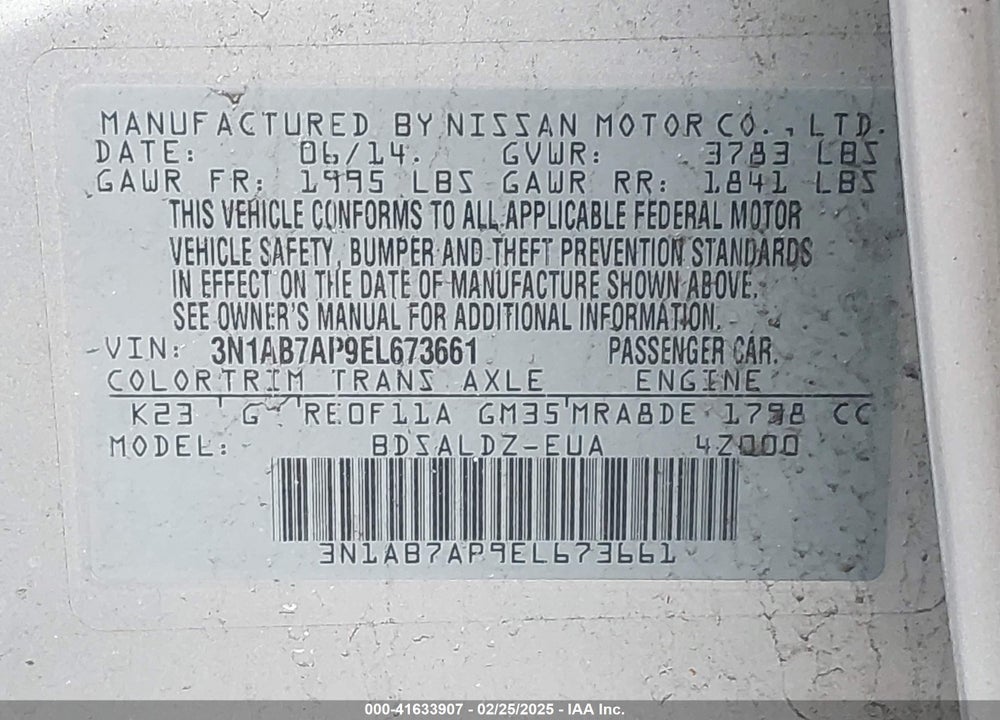 2014 NISSAN SENTRA VIN: 3N1AB7AP9EL673661