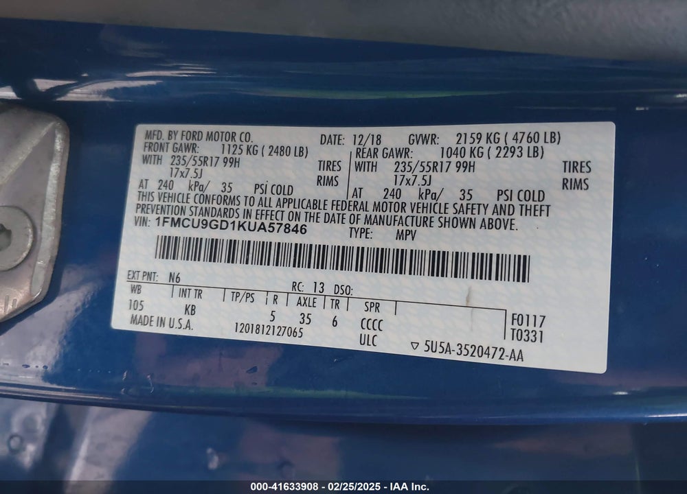 2019 FORD ESCAPE SE VIN: 1FMCU9GD1KUA57846