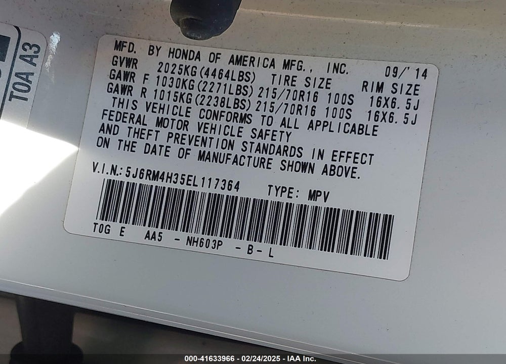 2014 HONDA CR-V LX VIN: 5J6RM4H35EL117364