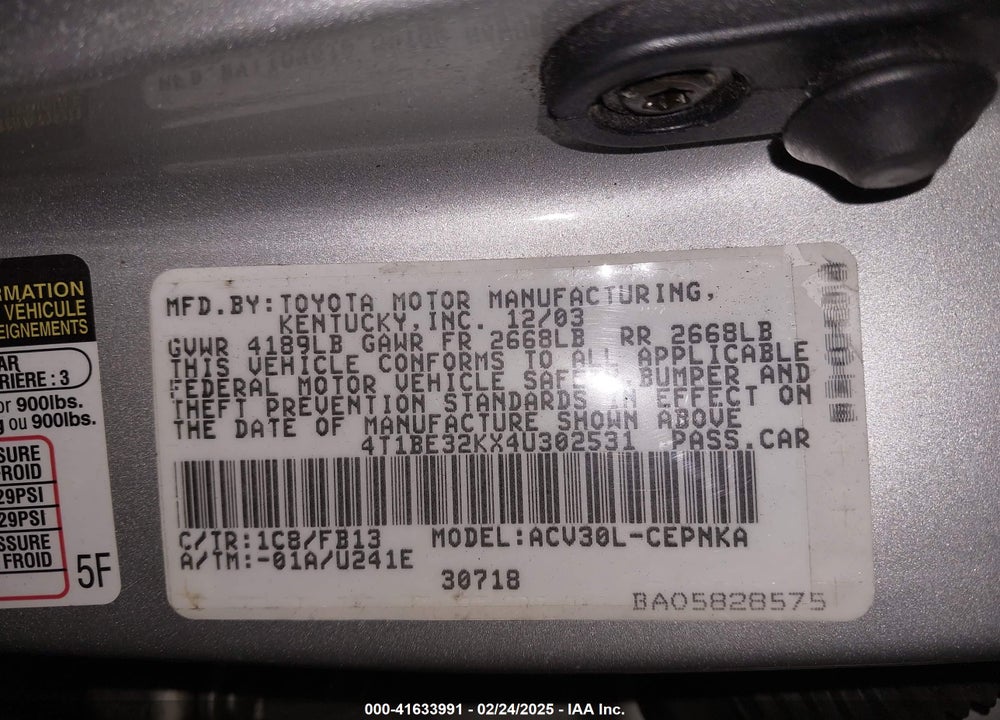 2004 TOYOTA CAMRY LE VIN: 4T1BE32KX4U302531