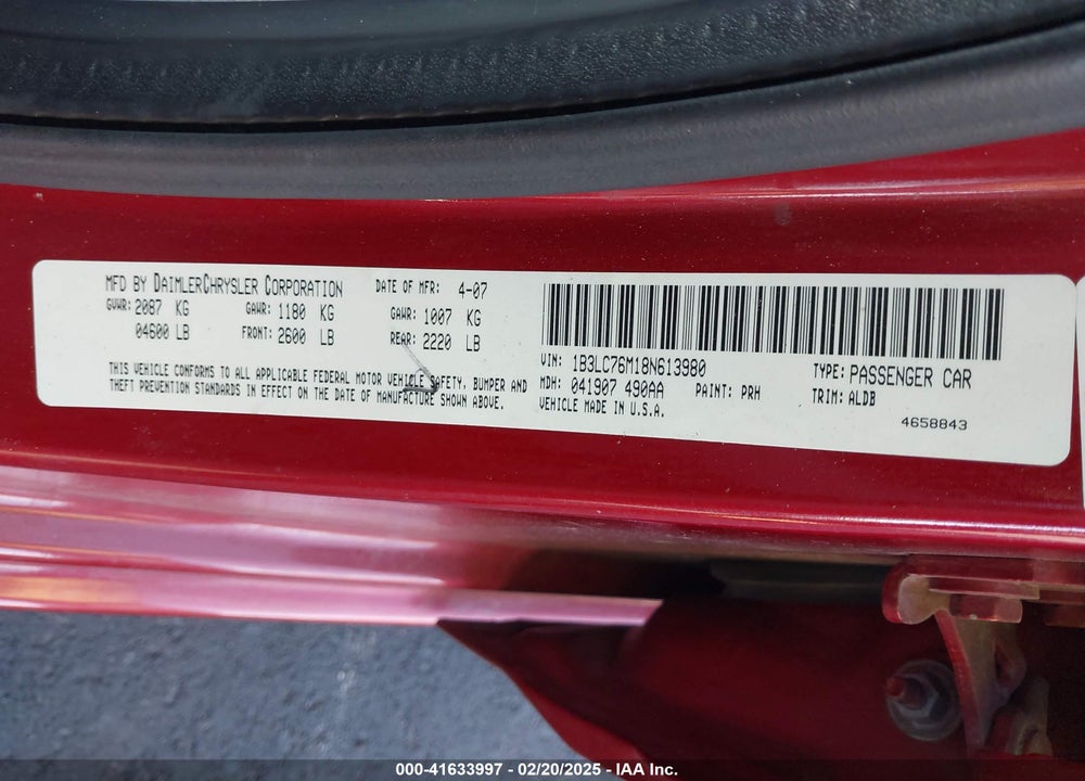 2008 DODGE AVENGER VIN: 1B3LC76M18N613980