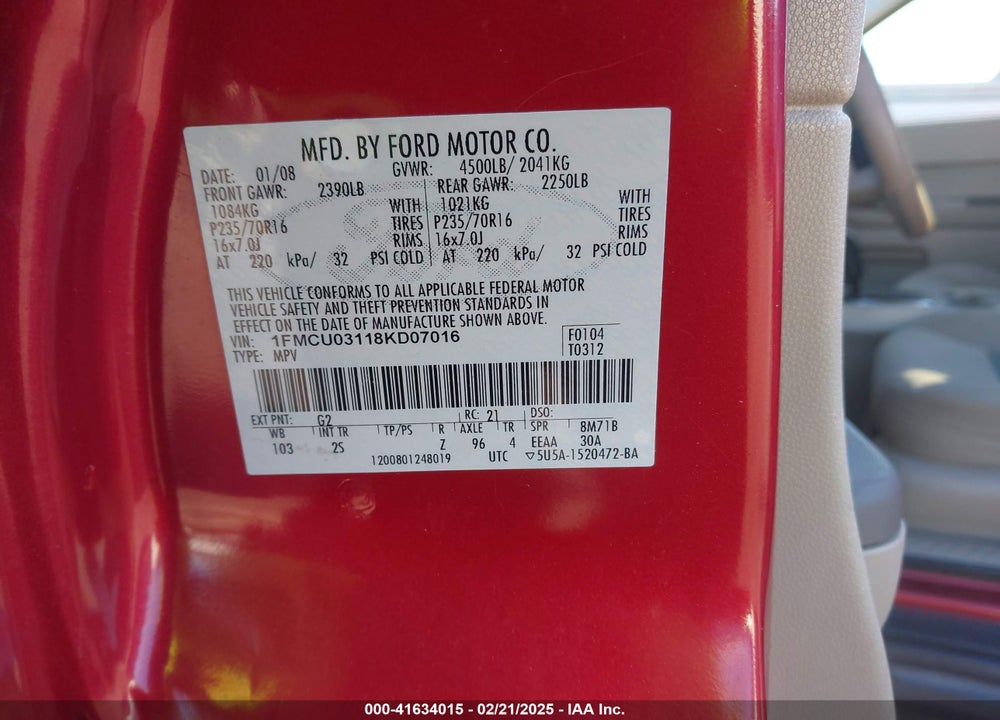 2008 FORD ESCAPE XLT VIN: 1FMCU03118KD07016