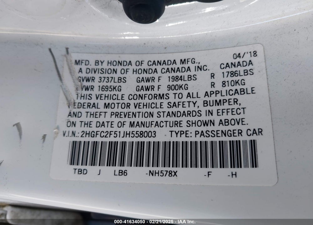 2018 HONDA CIVIC LX VIN: 2HGFC2F51JH558003