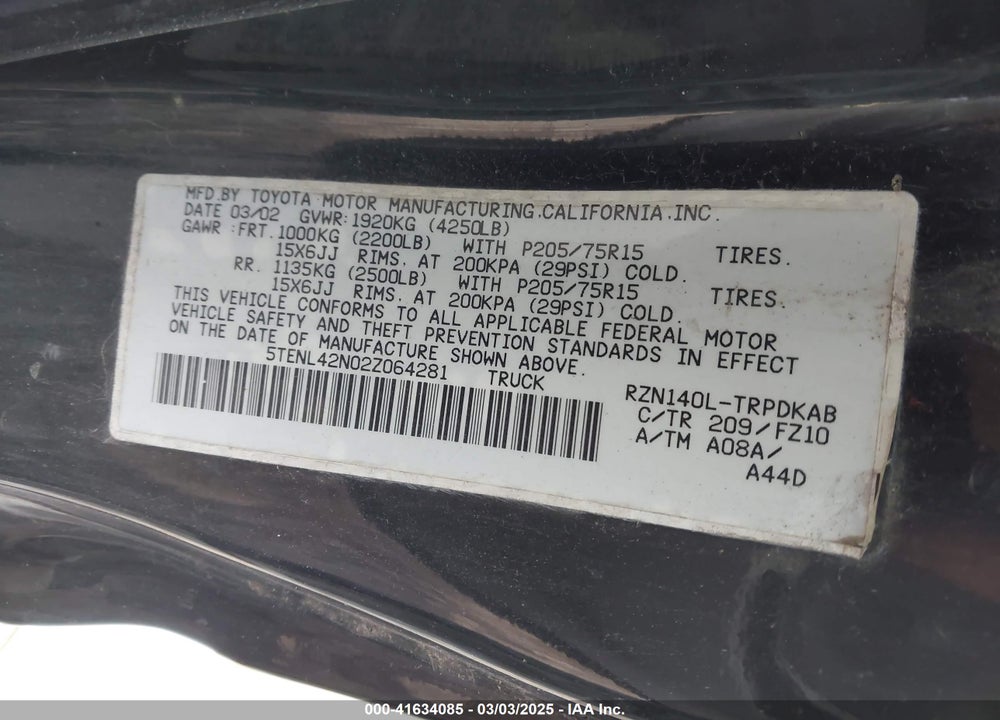 2002 TOYOTA TACOMA VIN: 5TENL42N02Z064281