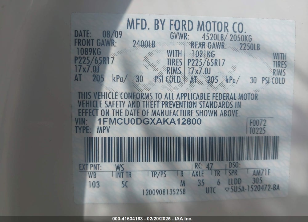 2010 FORD ESCAPE VIN: 1FMCU0DGXAKA12800