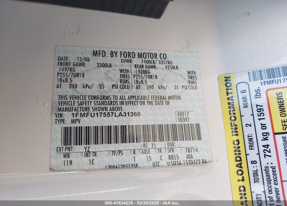 2007 FORD EXPEDITION EDDIE BAUER VIN: 1FMFU17557LA31366
