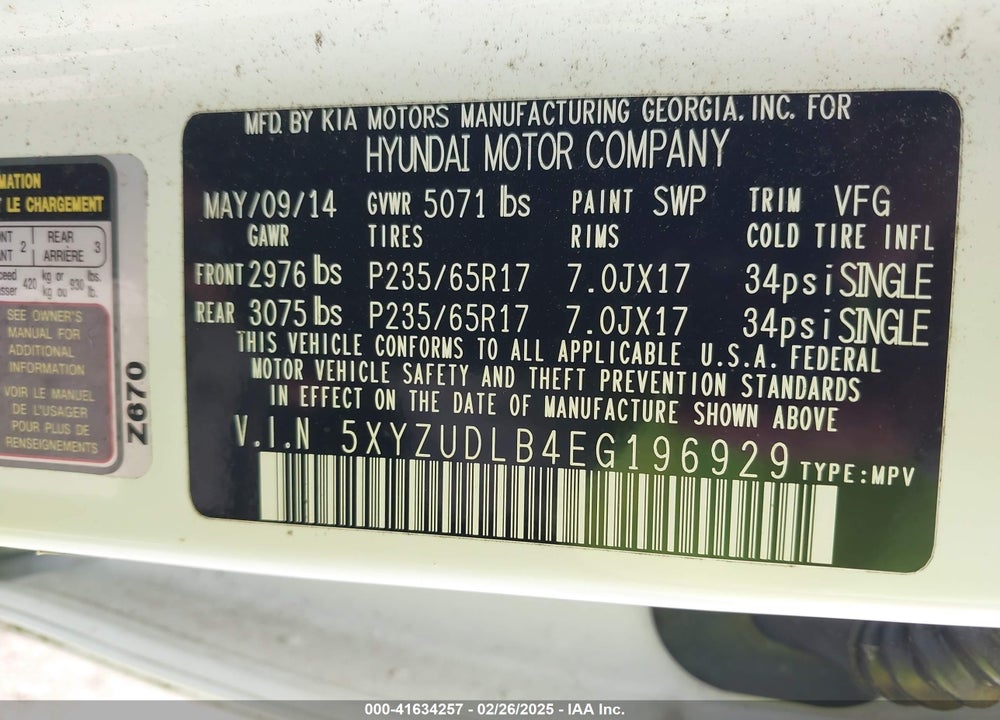 2014 HYUNDAI SANTA FE SPORT 2.4L VIN: 5XYZUDLB4EG196929