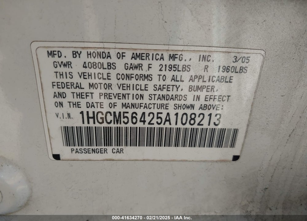 2005 HONDA ACCORD 2.4 LX VIN: 1HGCM56425A108213