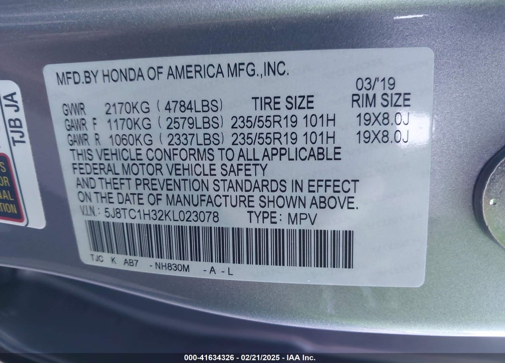 2019 ACURA RDX STANDARD VIN: 5J8TC1H32KL023078
