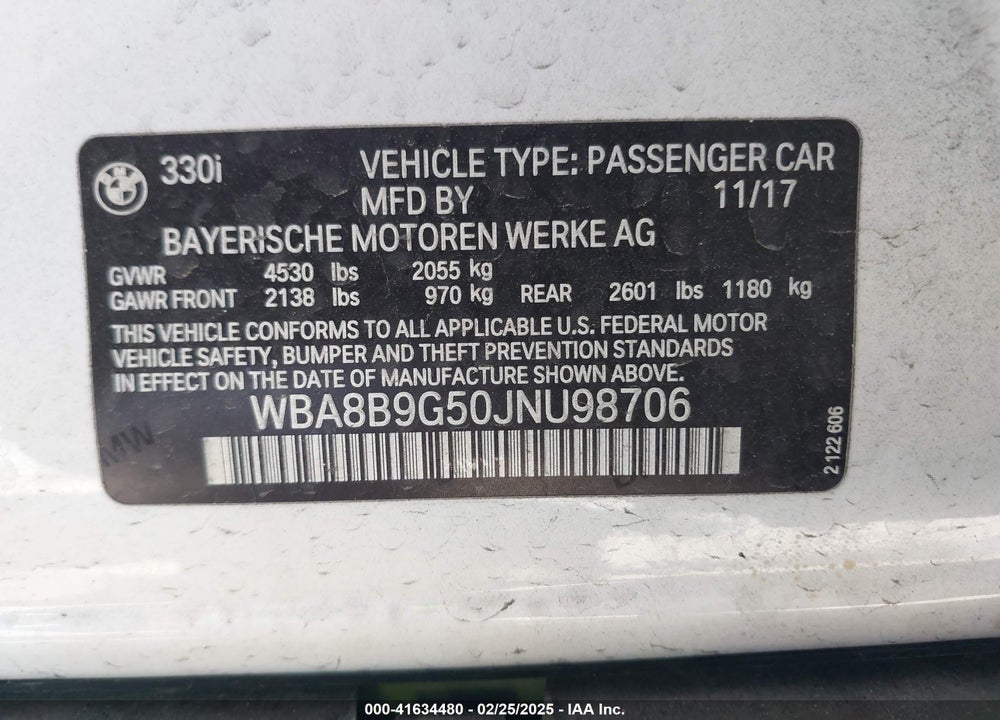2018 BMW 330I VIN: WBA8B9G50JNU98706
