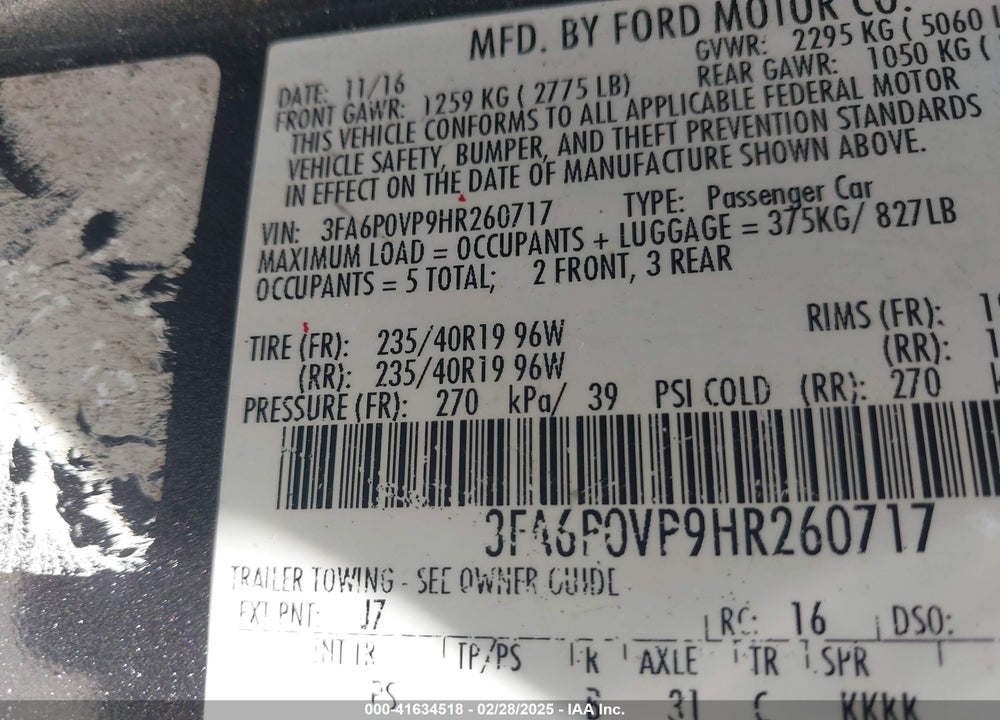 2017 FORD FUSION VIN: 3FA6P0VP9HR260717