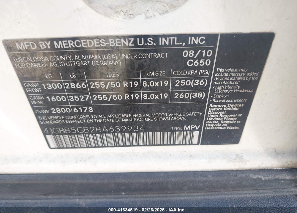 2011 MERCEDES-BENZ ML 350 VIN: 4JGBB5GB2BA639934