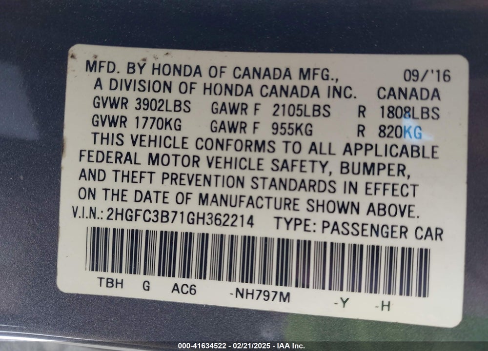 2016 HONDA CIVIC VIN: 2HGFC3B71GH362214