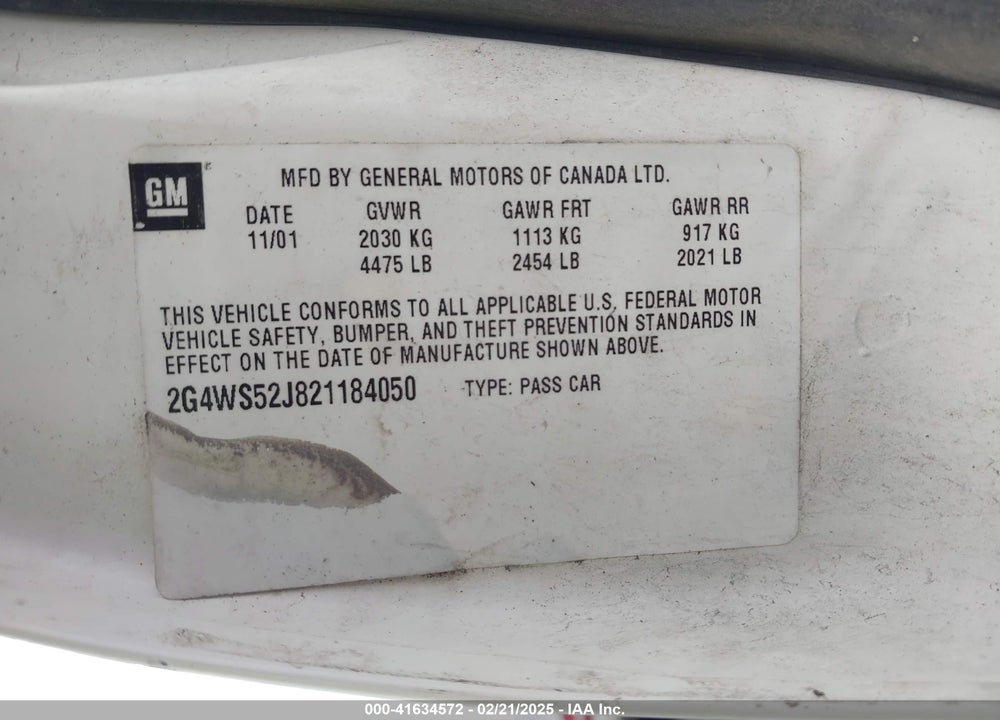 2002 BUICK CENTURY CUSTOM VIN: 2G4WS52J821184050