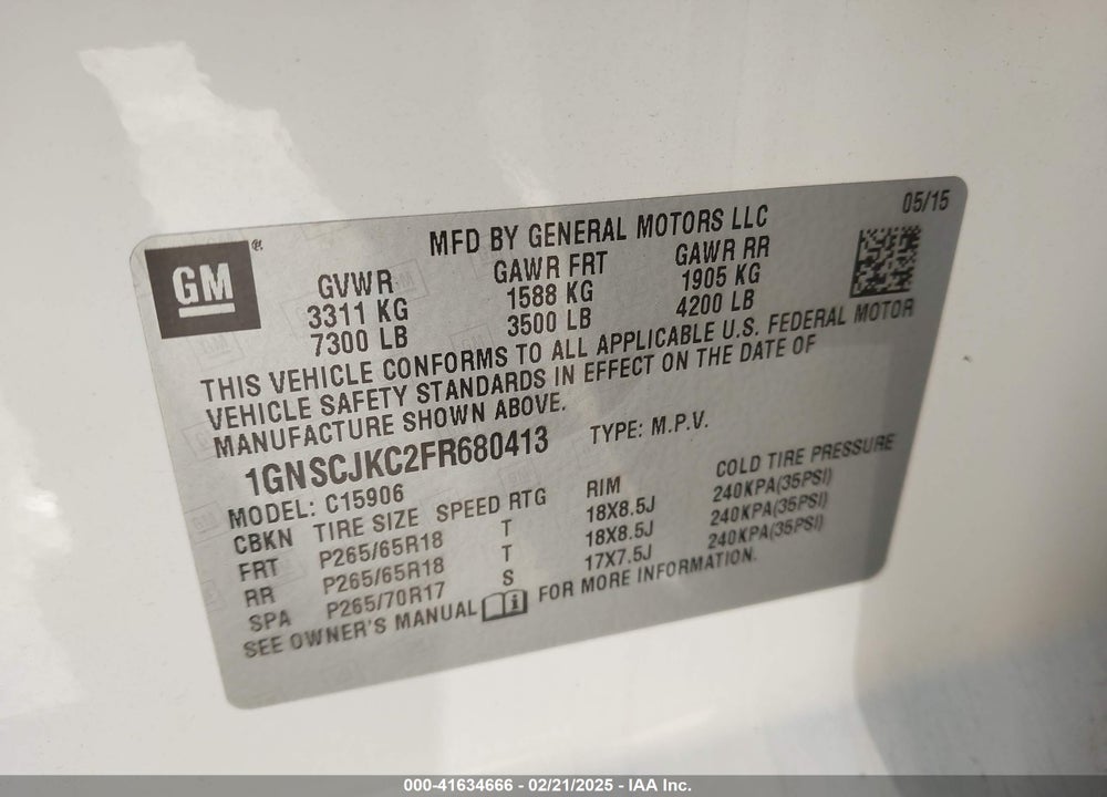 2015 CHEVROLET SUBURBAN 1500 LT VIN: 1GNSCJKC2FR680413