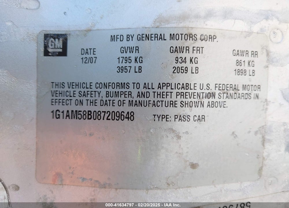 2008 CHEVROLET COBALT VIN: 1G1AM58B087209648