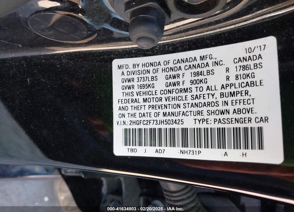2018 HONDA CIVIC VIN: 2HGFC2F73JH503425