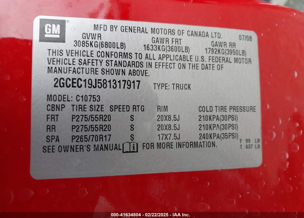 2008 CHEVROLET SILVERADO 1500 VIN: 2GCEC19J581317917