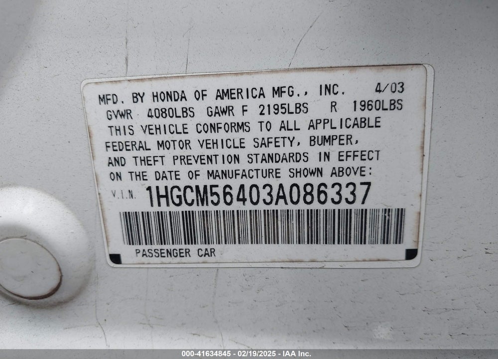 2003 HONDA ACCORD 2.4 LX VIN: 1HGCM56403A086337