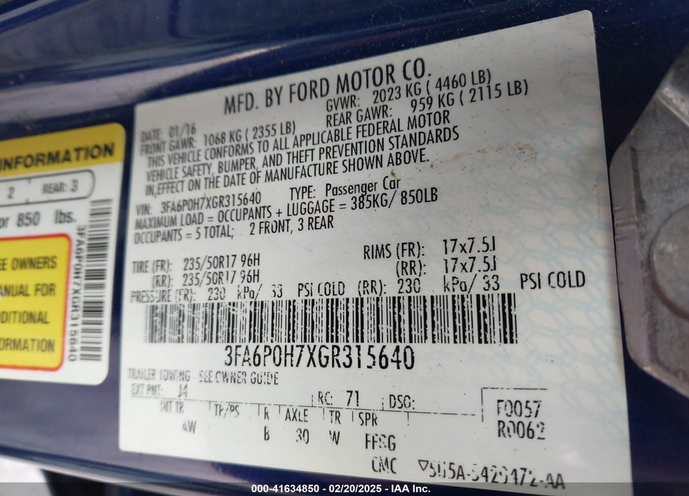 2016 FORD FUSION VIN: 3FA6P0H7XGR315640