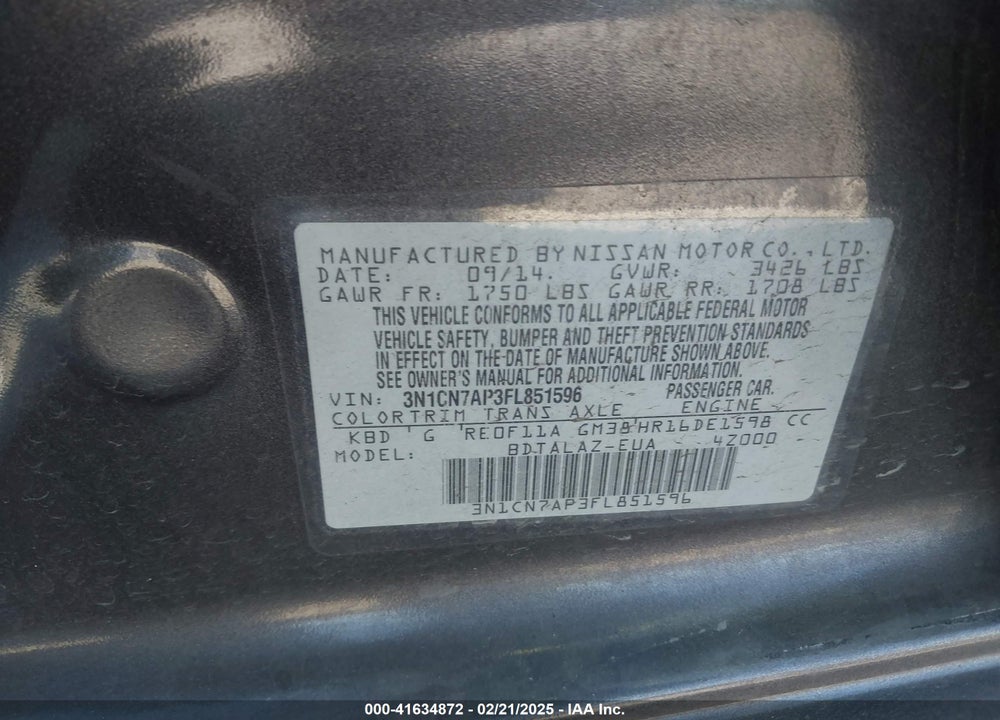 2015 NISSAN VERSA VIN: 3N1CN7AP3FL851596