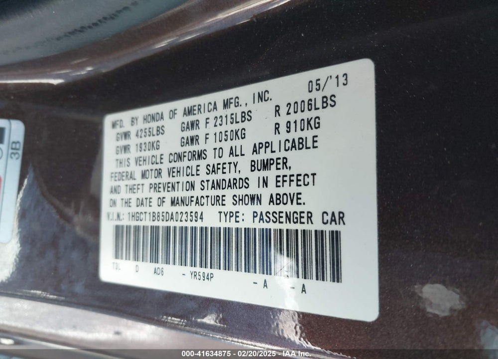 2013 HONDA ACCORD VIN: 1HGCT1B85DA023594