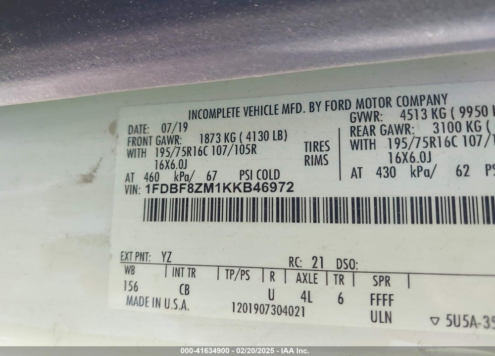 2019 FORD TRANSIT-350 CAB VIN: 1FDBF8ZM1KKB46972