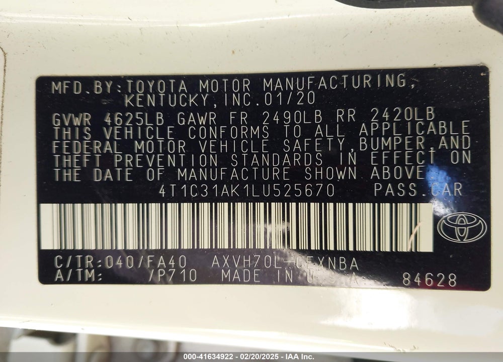 2020 TOYOTA CAMRY VIN: 4T1C31AK1LU525670
