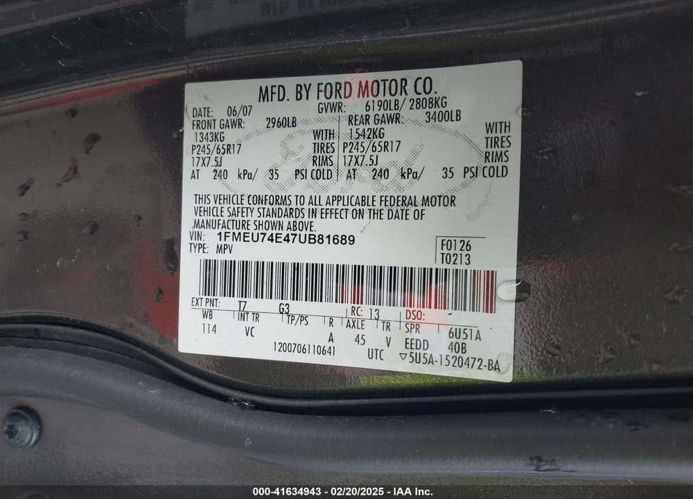 2007 FORD EXPLORER EDDIE BAUER VIN: 1FMEU74E47UB81689