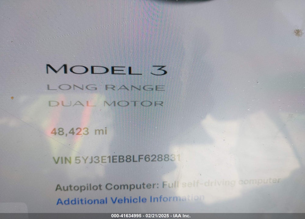 2020 TESLA MODEL 3 VIN: 5YJ3E1EB8LF628831