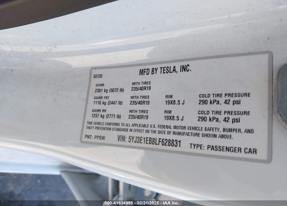 2020 TESLA MODEL 3 VIN: 5YJ3E1EB8LF628831