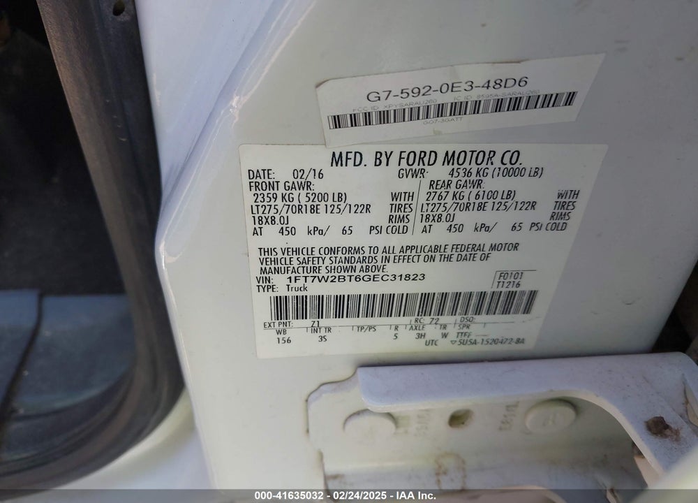 2016 FORD F-250 VIN: 1FT7W2BT6GEC31823