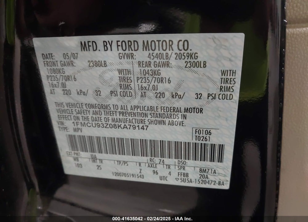 2008 FORD ESCAPE XLT VIN: 1FMCU93Z08KA79147