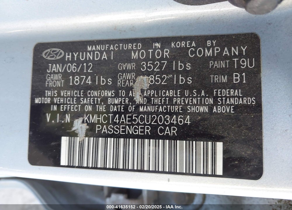 2012 HYUNDAI ACCENT VIN: KMHCT4AE5CU203464