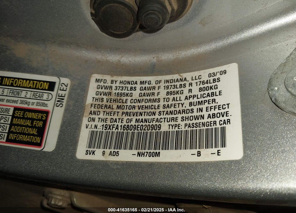 2009 HONDA CIVIC EX VIN: 19XFA16809E020909