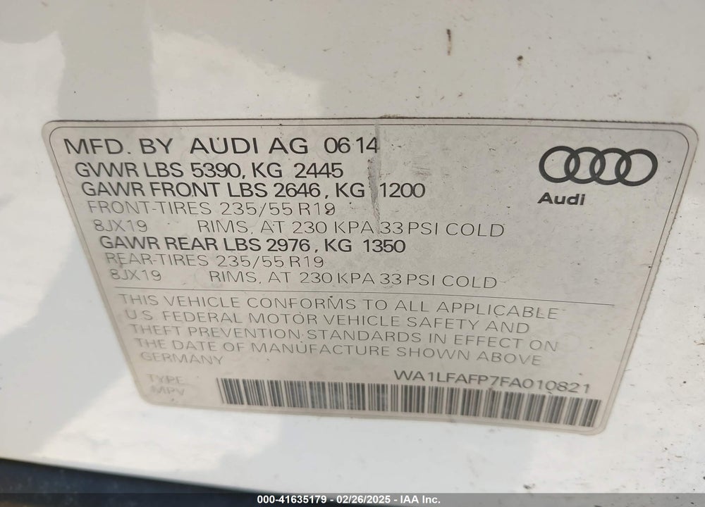 2015 AUDI Q5 2.0T PREMIUM VIN: WA1LFAFP7FA010821