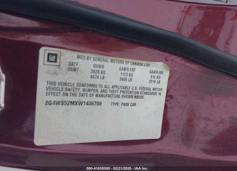 1998 BUICK CENTURY CUSTOM VIN: 2G4WS52MXW1436798