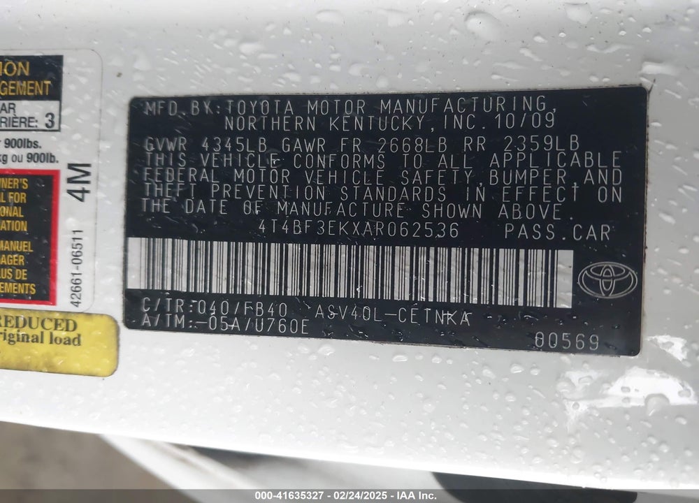 2010 TOYOTA CAMRY VIN: 4T4BF3EKXAR062536
