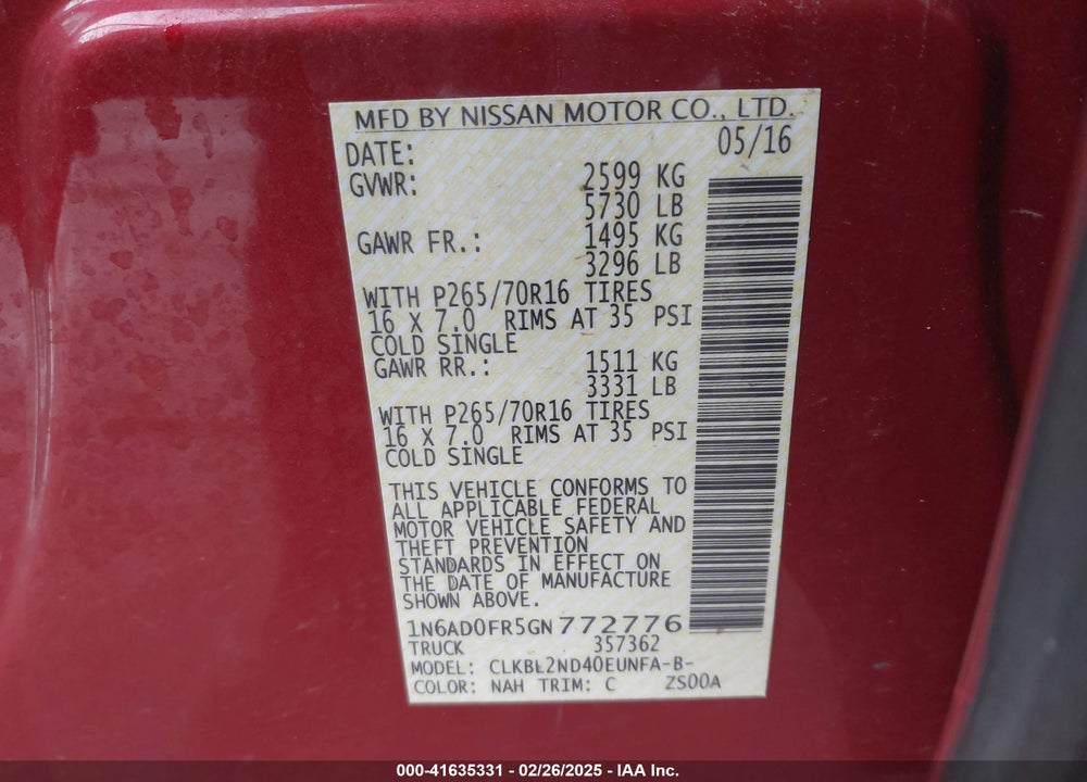 2016 NISSAN FRONTIER VIN: 1N6AD0FR5GN772776
