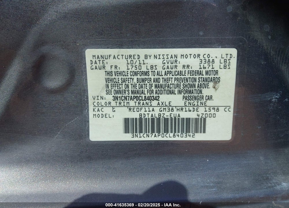 2012 NISSAN VERSA VIN: 3N1CN7AP0CL840342