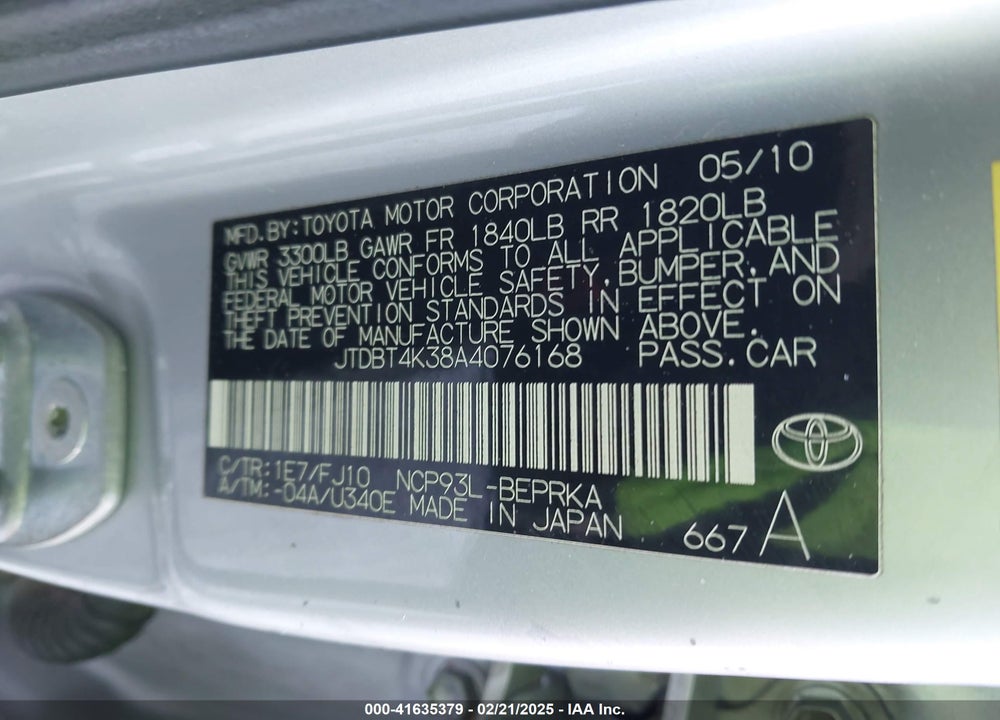 2010 TOYOTA YARIS VIN: JTDBT4K38A4076168