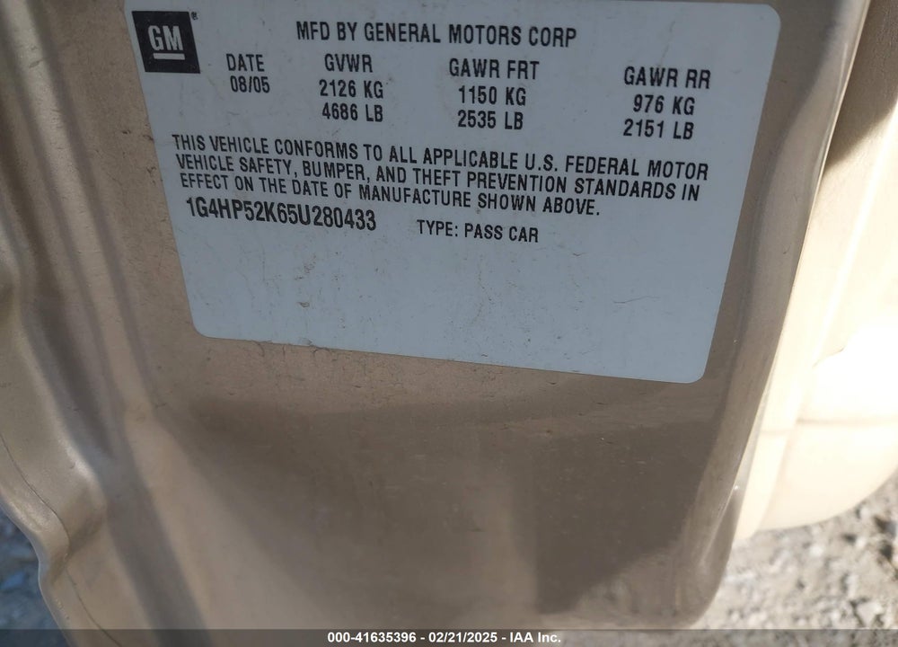 2005 BUICK LESABRE CUSTOM VIN: 1G4HP52K65U280433