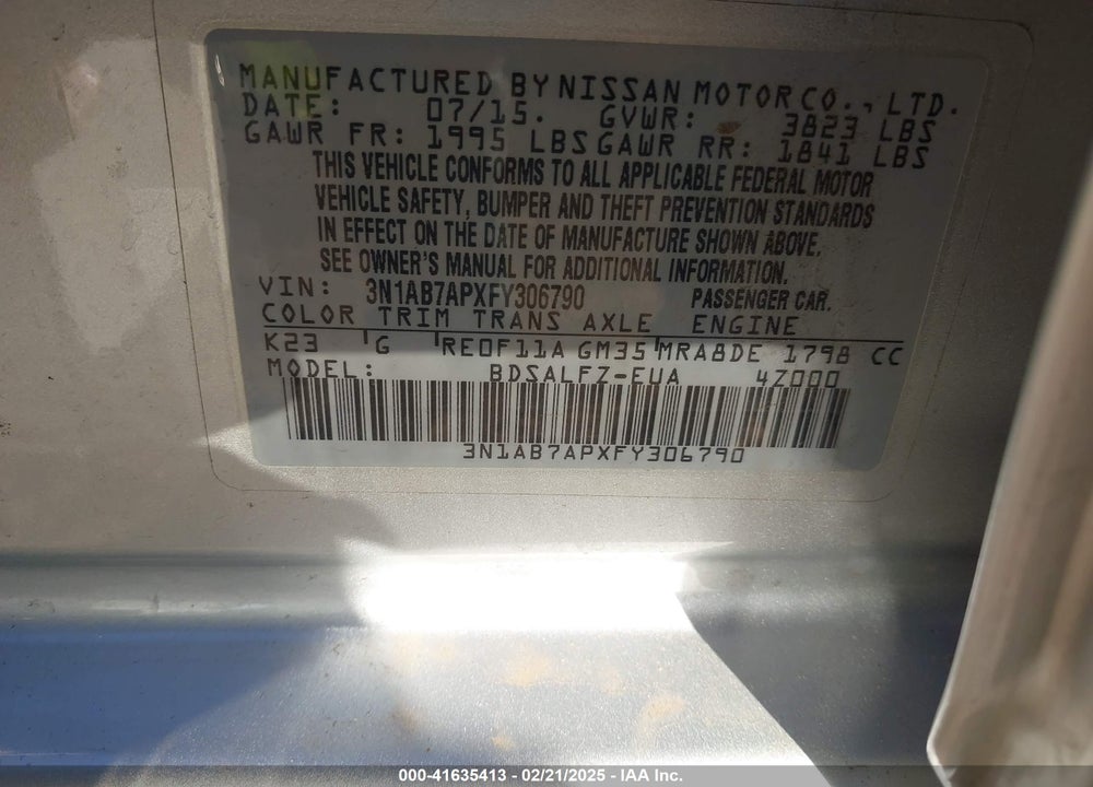 2015 NISSAN SENTRA VIN: 3N1AB7APXFY306790