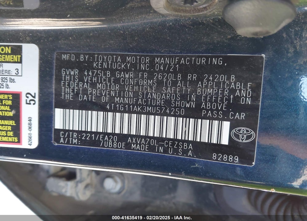 2021 TOYOTA CAMRY SE VIN: 4T1G11AK3MU574250