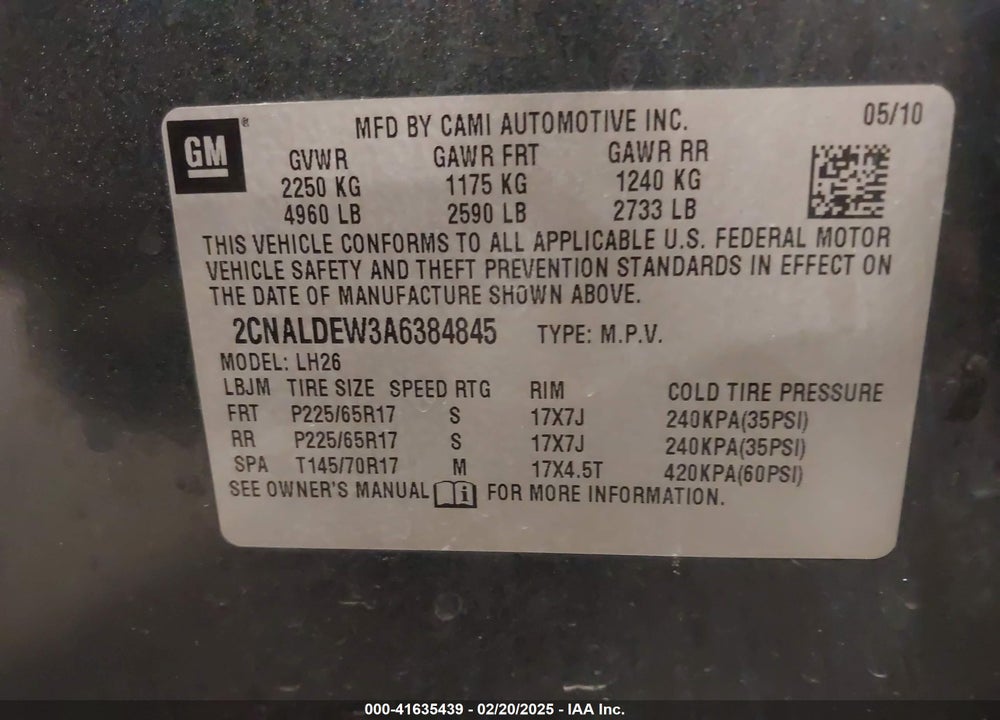2010 CHEVROLET EQUINOX LT VIN: 2CNALDEW3A6384845