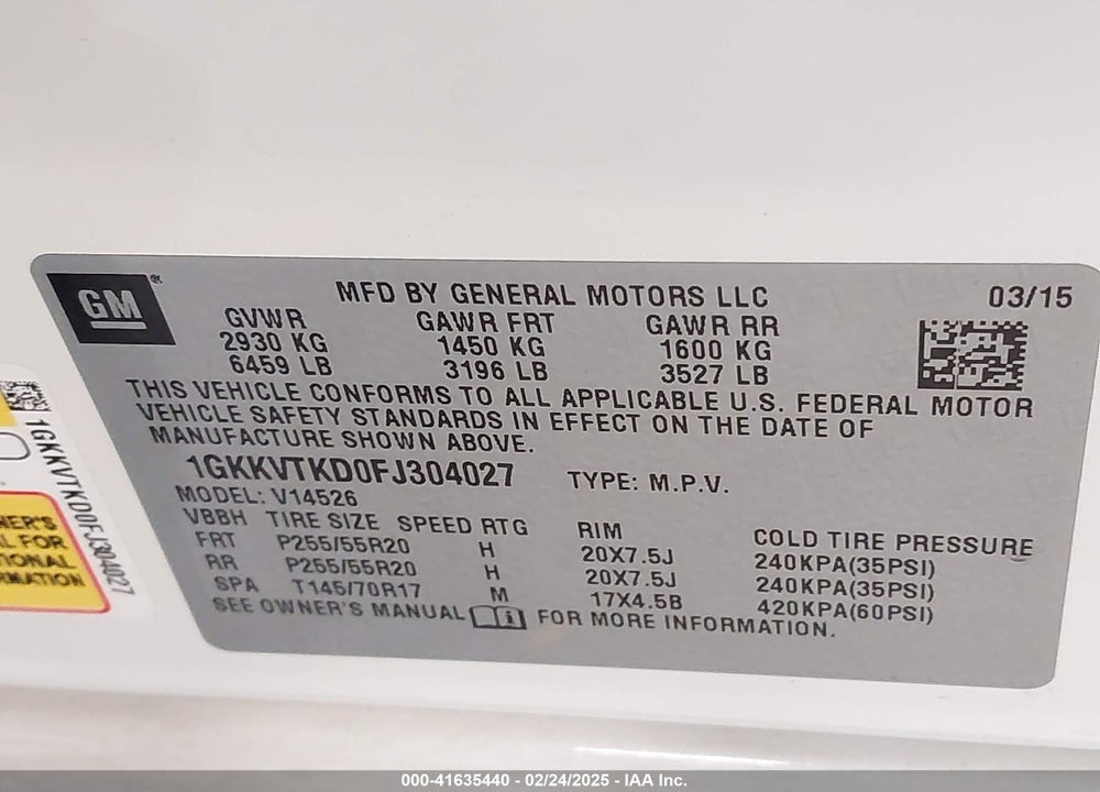 2015 GMC ACADIA DENALI VIN: 1GKKVTKD0FJ304027