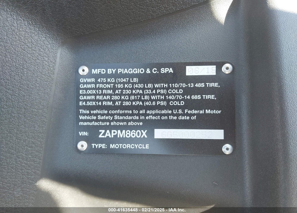 2016 PIAGGIO MP3 500 SPORT ABS VIN: ZAPM860X6G5000252