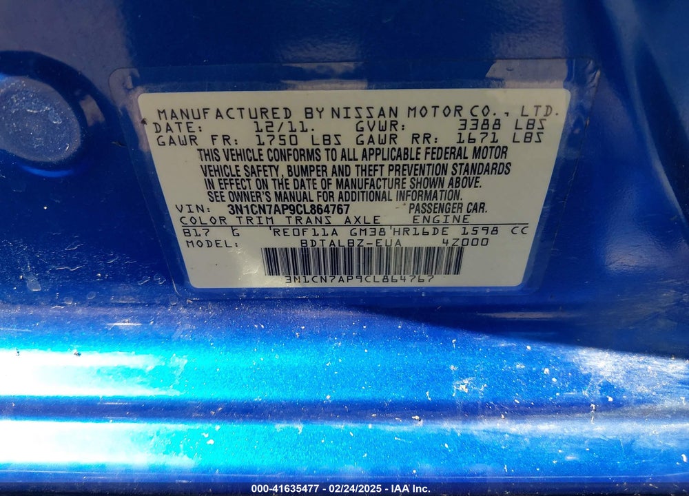 2012 NISSAN VERSA 1.6 SV VIN: 3N1CN7AP9CL864767