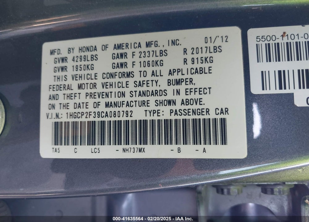 2012 HONDA ACCORD 2.4 LX VIN: 1HGCP2F39CA080792