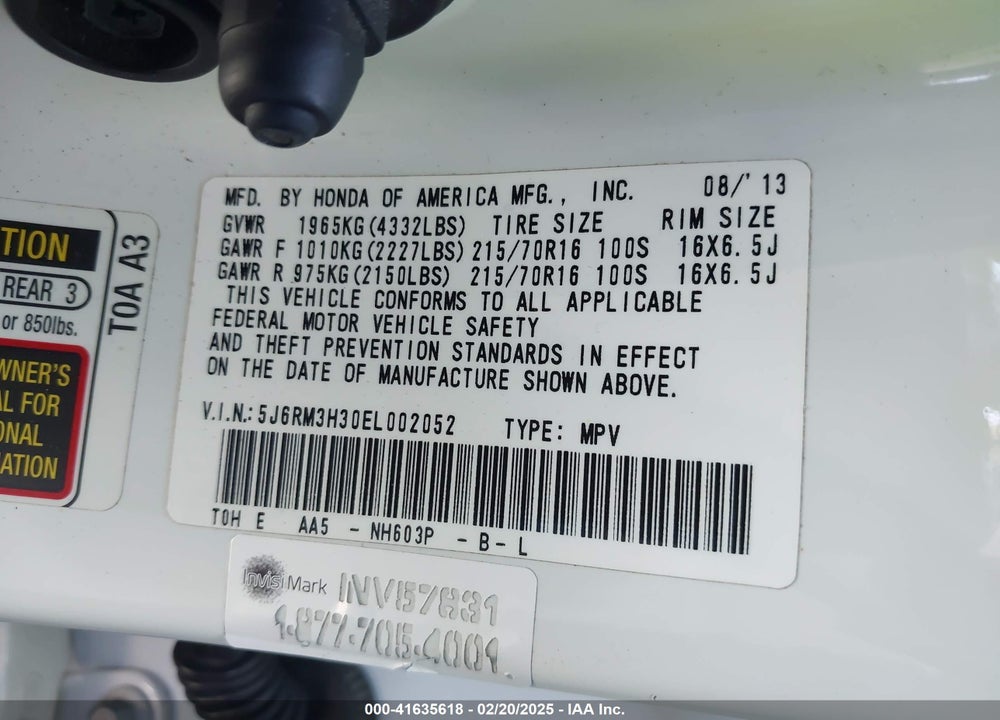 2014 HONDA CR-V LX VIN: 5J6RM3H30EL002052